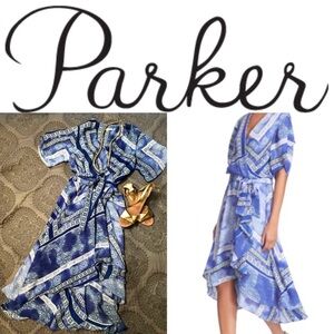 Parker Blue and White Geometric Wrap Dress